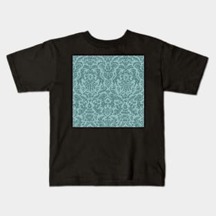 Dark Teal on Aqua Weird Medieval Lions, Cherubs, and Skulls Scrollwork Damask Kids T-Shirt